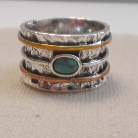 Stacked Sterling Silver/Hammered Turquoise Band Ring (6, 7, 8, 9, 10, 11) - Picture 3 of 7